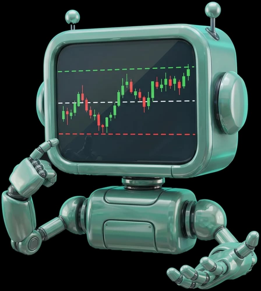 The CoinBob robot pointing at a chart with entry, stop and target lines, its other hand open toward you
