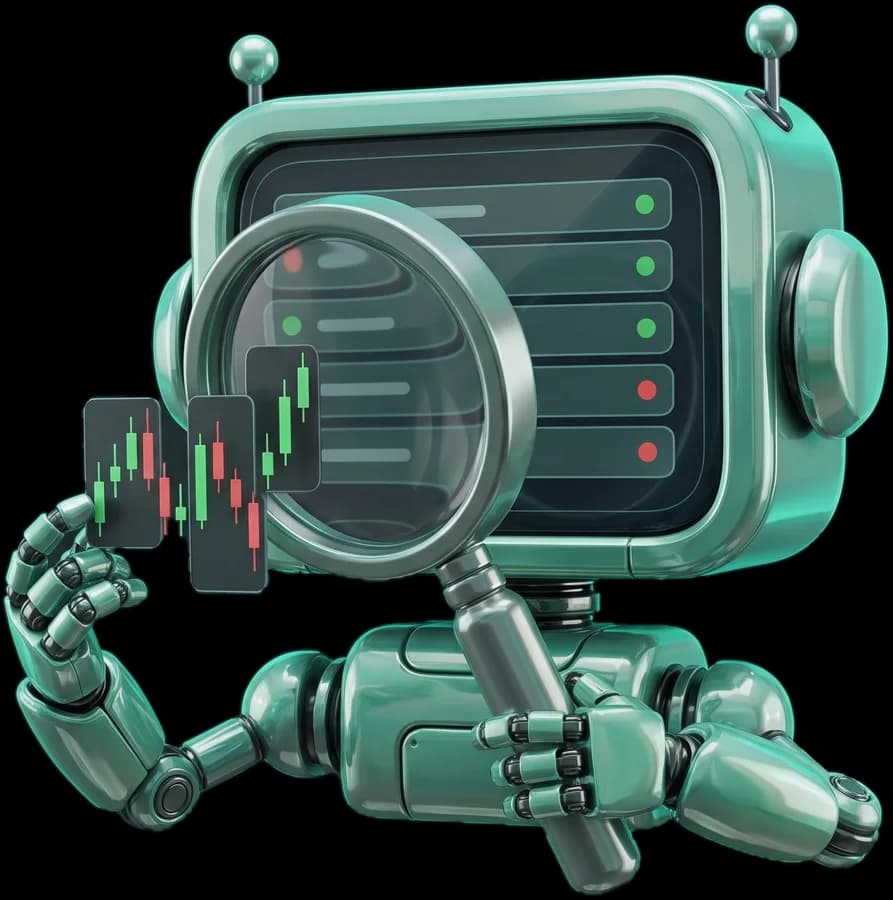 The CoinBob robot scanning a list of setups with a magnifying glass